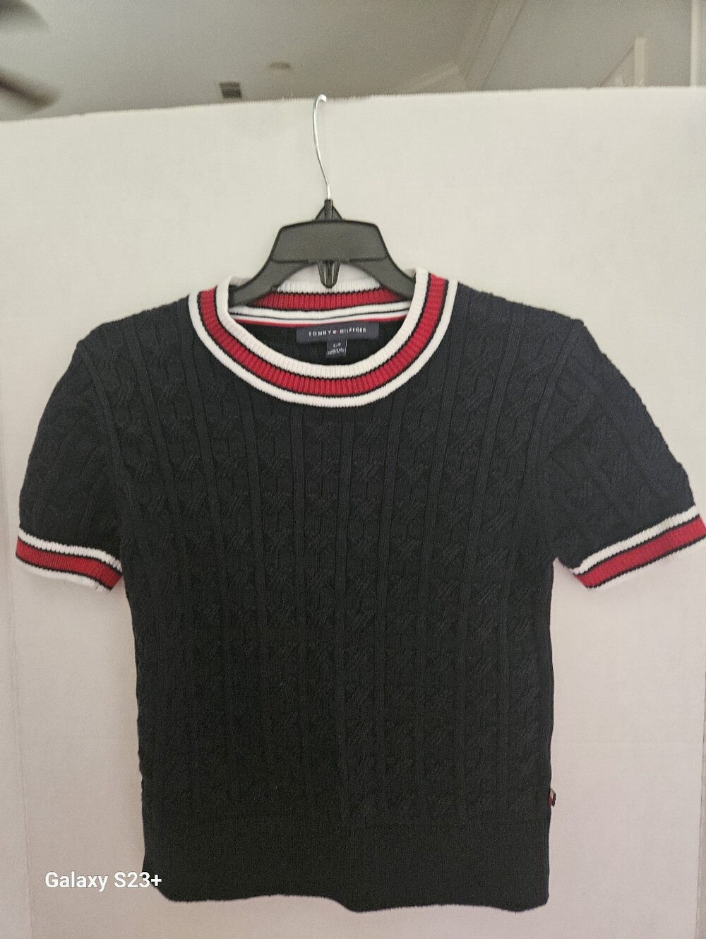 Tommy Hilfiger Navy Cable-Knit Crewneck Sweater with Red and White Trim